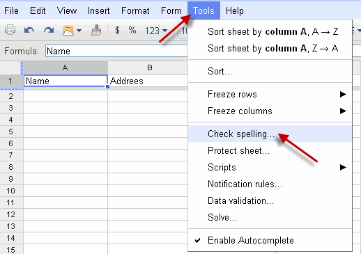 Check Spelling Feature Under The Tools Option in Google Spreadsheets
