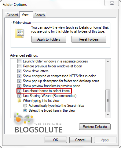 Select Multiple file items easily with check boxes on Windows 7